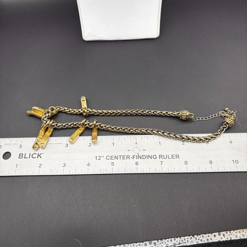 Vintage Gold Tone Statement Necklace Woven Chain Crystal Dangle Choker Retro Y2K - Picture 11 of 11